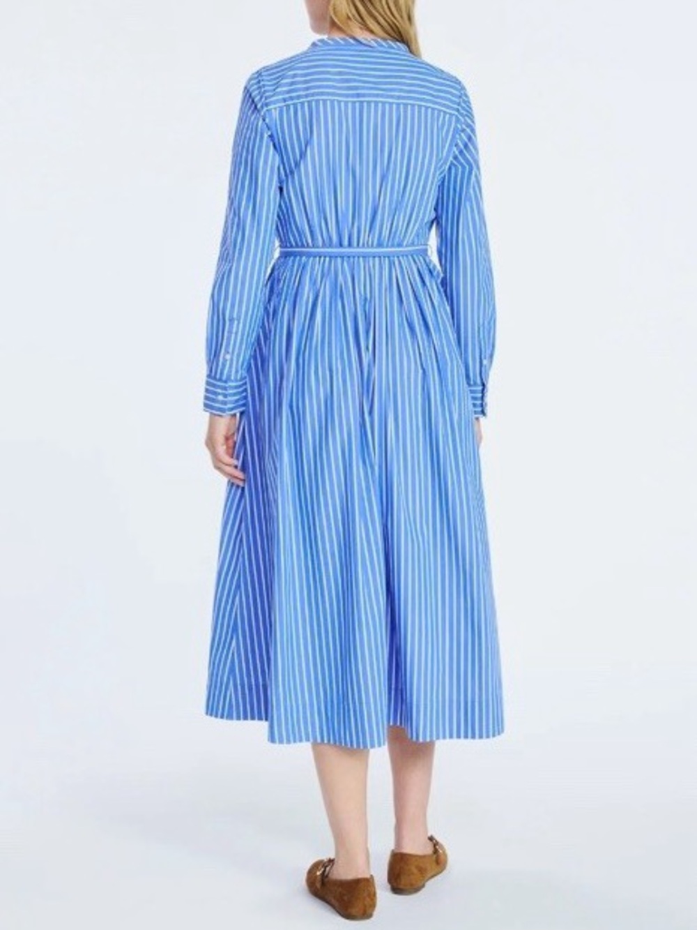 Free Assembly Striped Cotton Midi Shirt Dress Blue White Belted Modest Preppy L - Picture 2 of 14